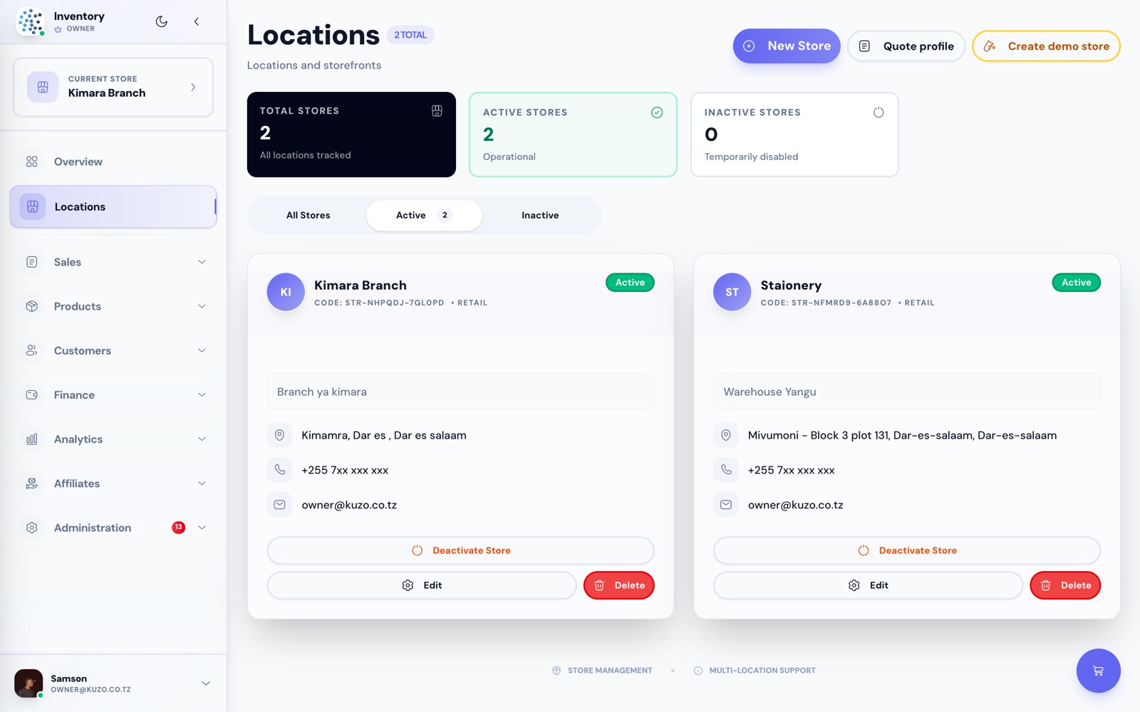 The Kuzo locations screen listing two active stores