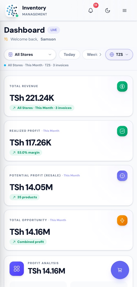 The Kuzo dashboard on a phone showing revenue and profit for the month