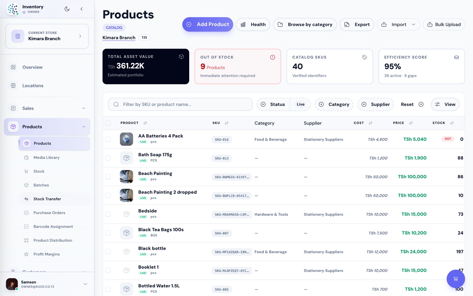 The Kuzo products screen listing items with cost, price and stock