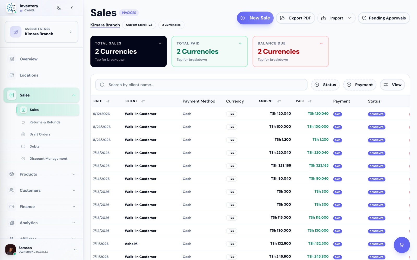 The Kuzo sales list showing paid and outstanding invoices