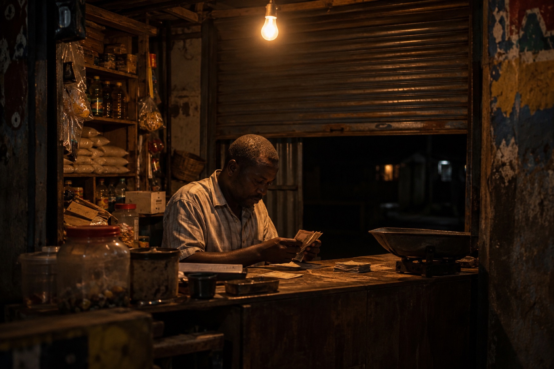 A shop owner counting the day's cash under a single warm bulb at night