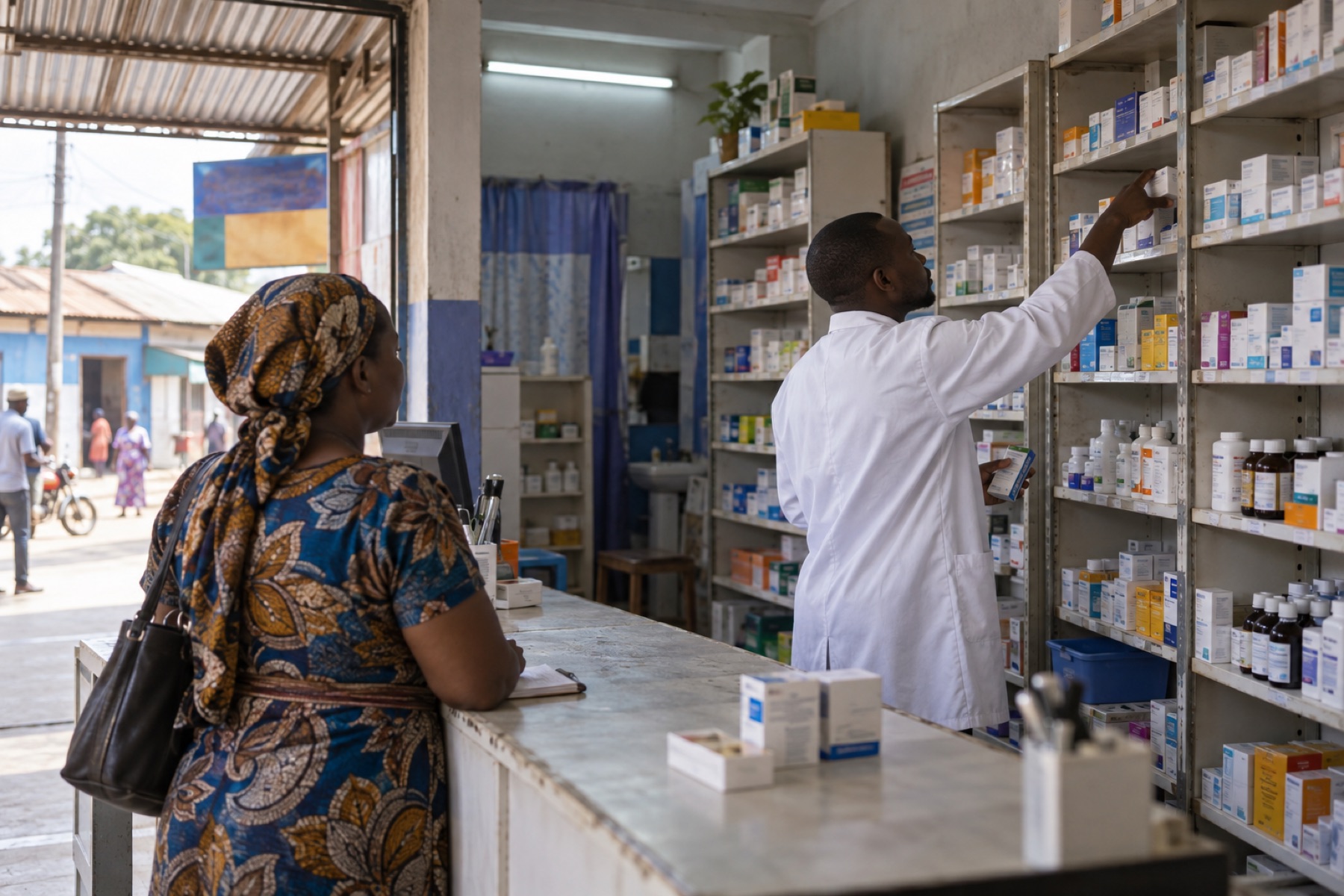 A pharmacist serving a customer at a neighbourhood pharmacy counter