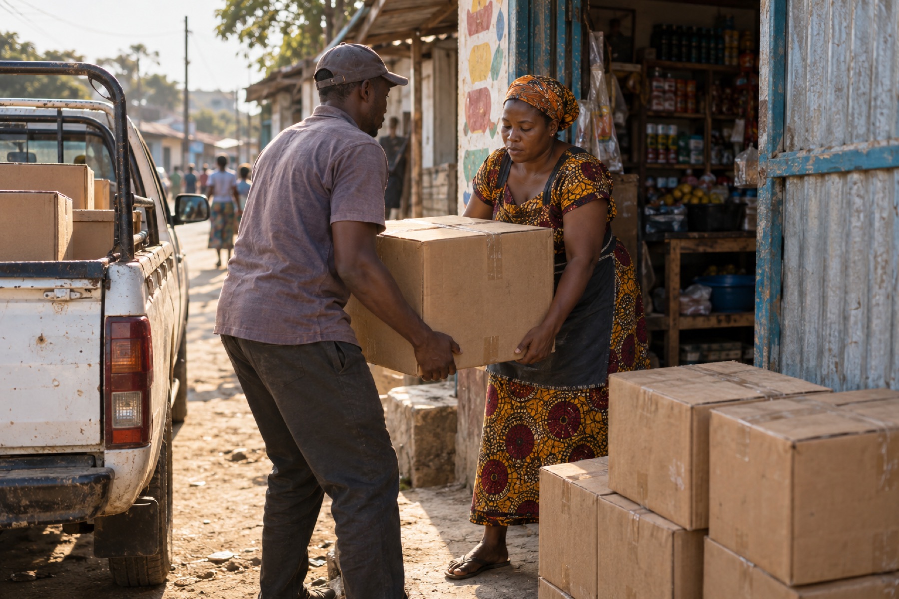 A shopkeeper receiving cartons of stock from a wholesaler outside her shop
